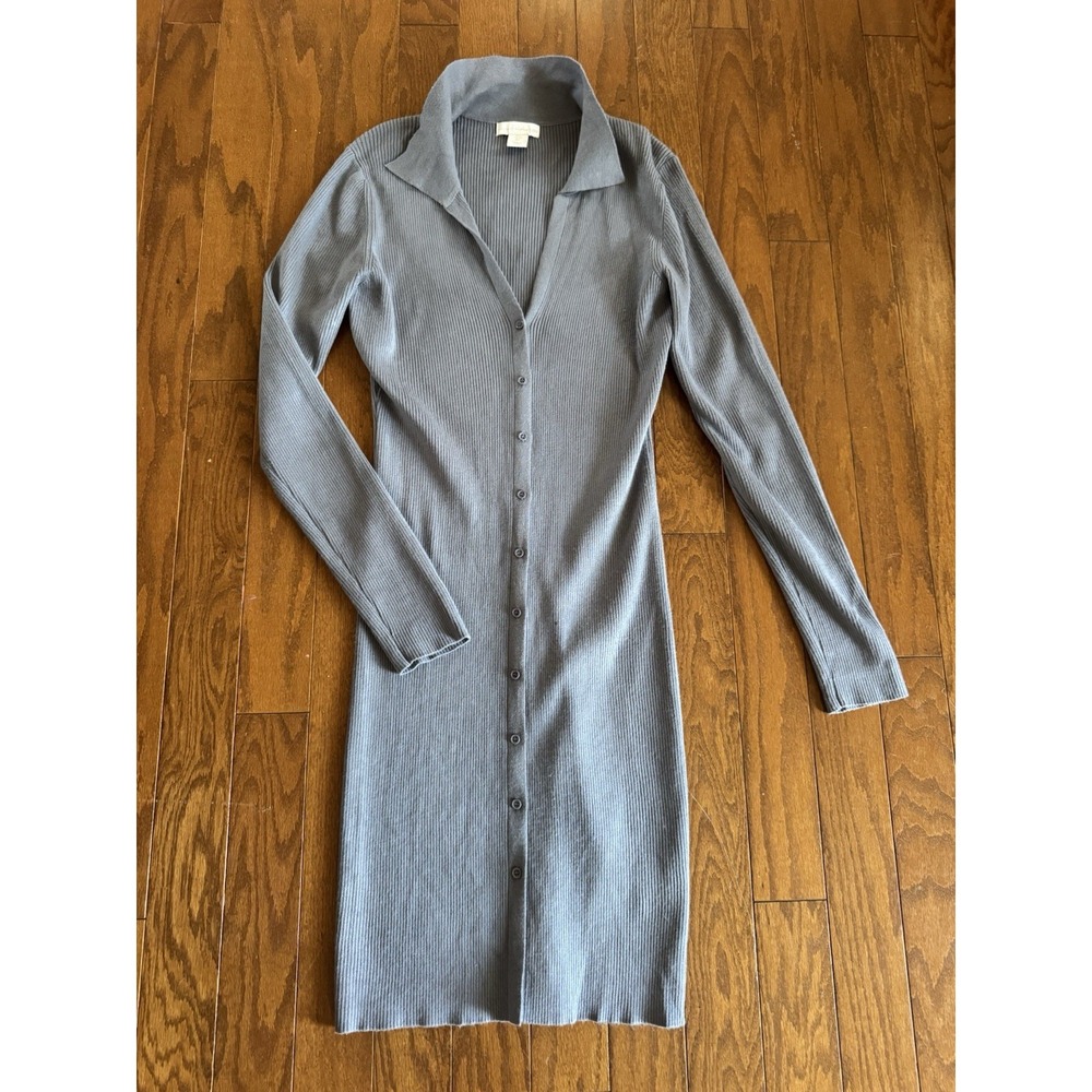 House of Harlow 1960 Ribbed Midi Dress Women's Large Blue Gray Button Front